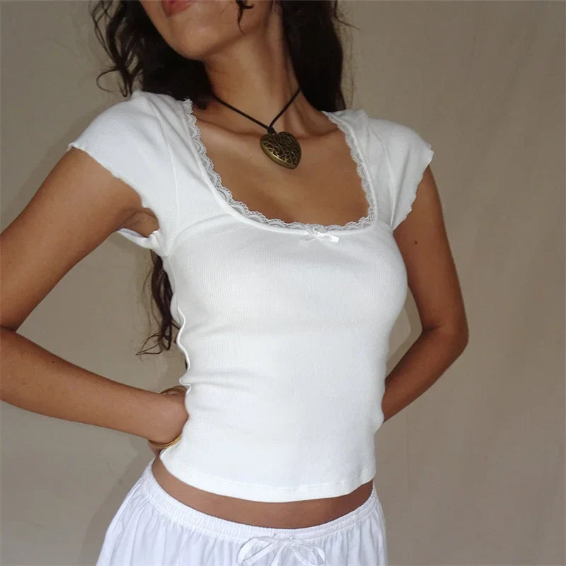 qgtao y2k Vintage Baby Tee Cottage Lace Trim Knitted T-Shirt Summer Square Neck Short Sleeve Tee Shirt Women White Milkmaid Crop Top