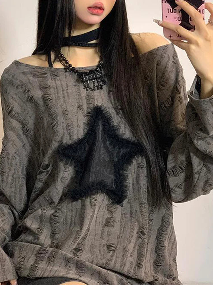 qgtao Y2K T Shirt Women Harajuku Long Sleeve Tops Ladies Oversized Vintage Hole Star T-Shirts Female Punk Graphic Off Shoulder Tees