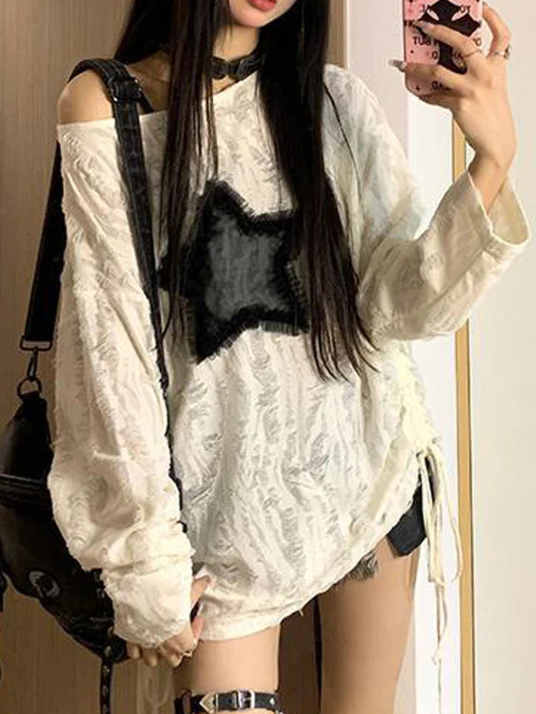 qgtao Y2K T Shirt Women Harajuku Long Sleeve Tops Ladies Oversized Vintage Hole Star T-Shirts Female Punk Graphic Off Shoulder Tees