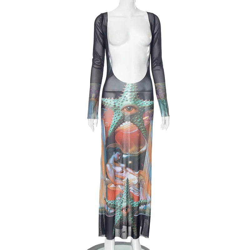 qgtao Sexy Mesh See Through Maxi Dresses for Women Fashion Ocean Printed Backless Dress Long Sleeve Bodycon Party Dress 2024