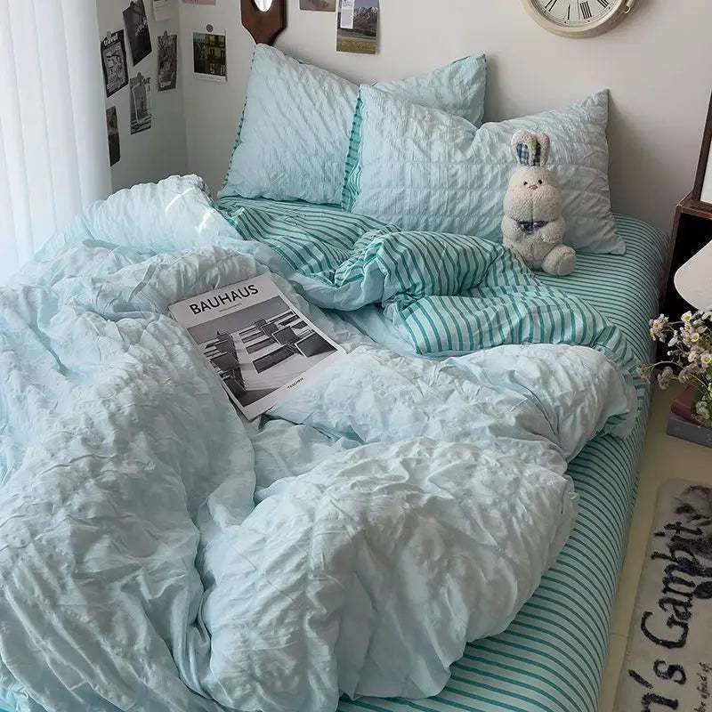 Yeknu Seersucker Princess Girls Bedding Set Duvet Cover Korean Four PIECE Washed Cotton Bed Sheet Cover Quilt Set
