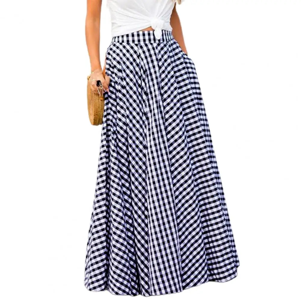 Vintage Bohemian Women High Waist Summer Long Skirt Plaid Pockets Casual A-Line Maxi Skirts Elegant Beach Skirt Long Skirt