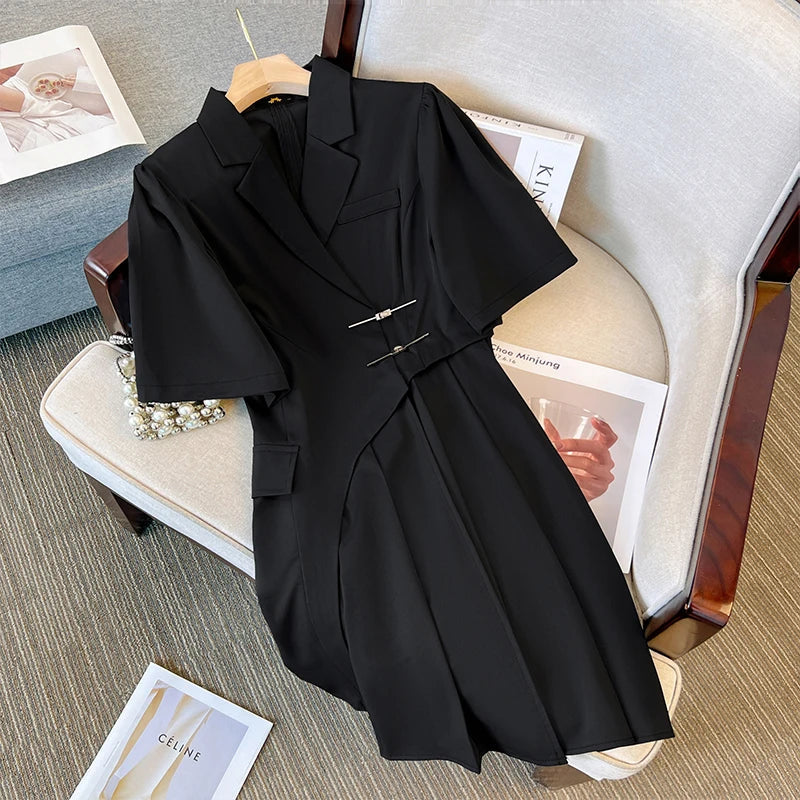 qgtao Plus-size women's Summer Fashion Polyester suit Dress Black commuter professional dress Mature dry party dress