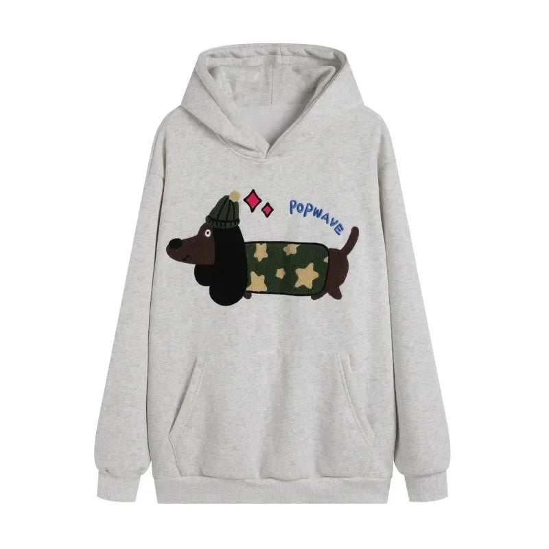 qgtao - Embroidery Doggy Print Hooded Women American Retro Grey Long Sleeve Oversized Sweatshirt Female Cutecore Autumn Clothes