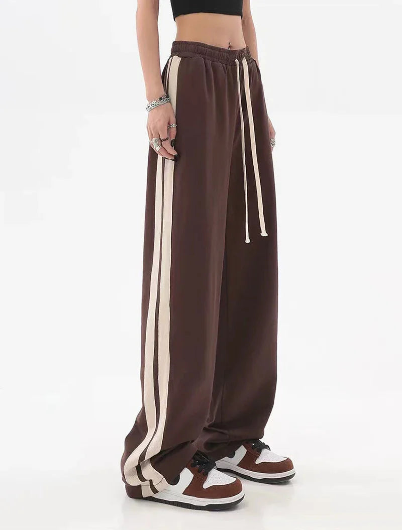 qgtao Striped Joggers Sweatpants Bf Hip Hop Women High Waist Wide Leg Sports Pants Street wear Drawstring Baggy Straight Trousers