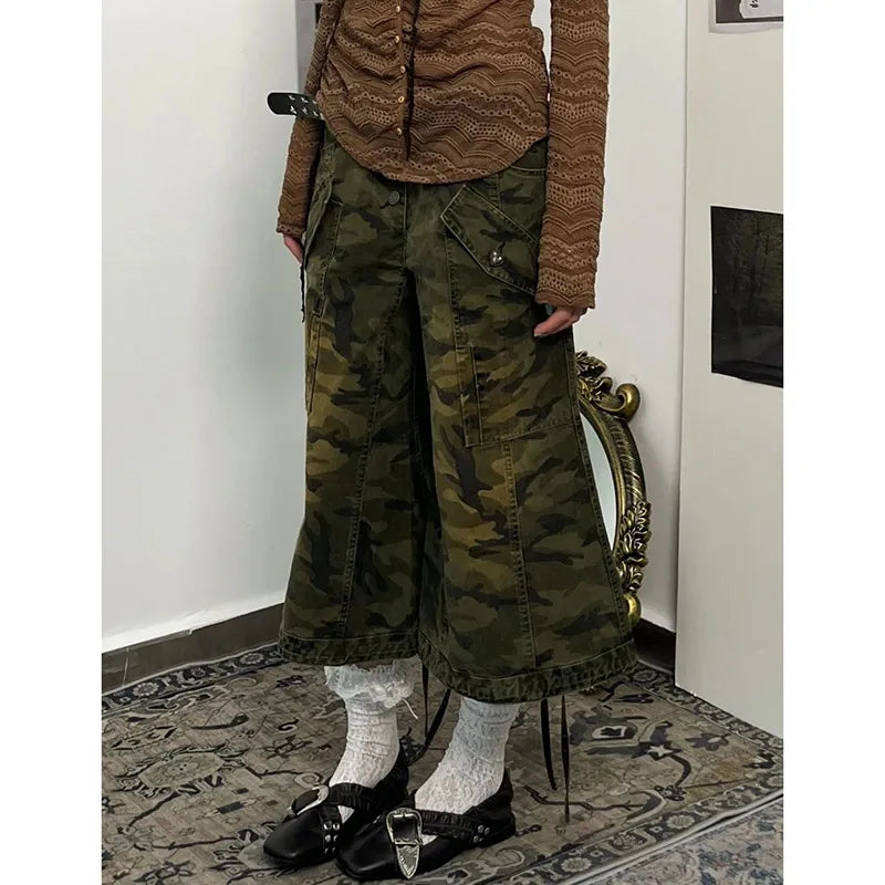 qgtao - Women's Shorts Jeans camouflage High Waist Straight Pants Streetwear Harajuku Y2K Female Wide Leg Denim Five Points Trouser 2024