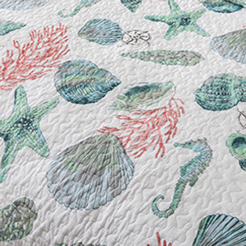 Yeknu Double Bed Cotton Print Sea Life 3 Piece Quilted Quilt Pillowcase Free Shipping