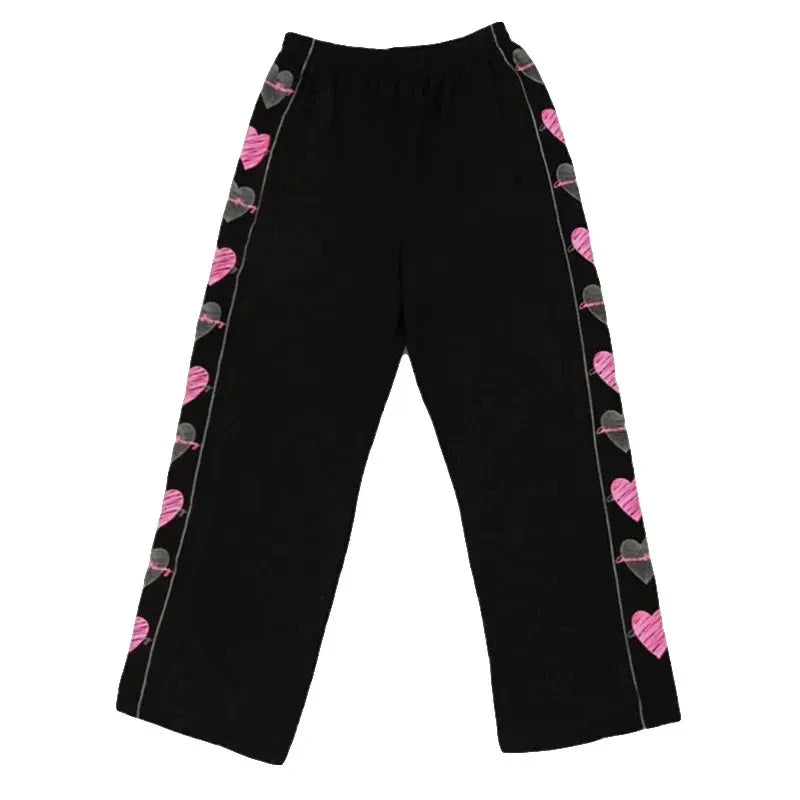 qgtao Plus Size 6XL Spring Summer Pants Women Hearted Print Elastic Waist Black Wide Leg Pant Woman Loose Trousers