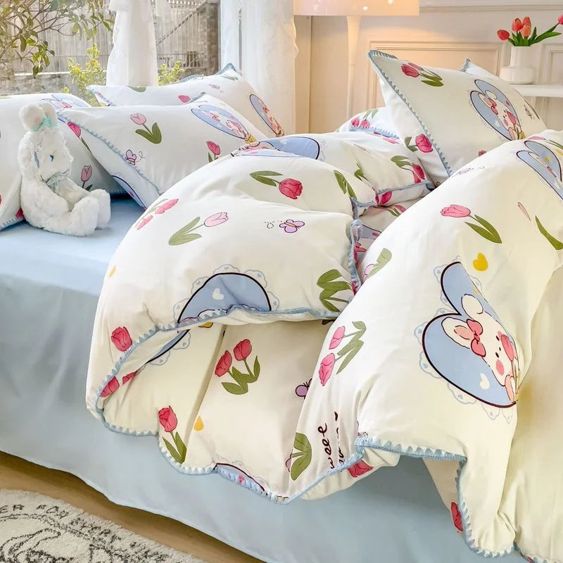 Yeknu Pastoral Girls Flower Bedding Sets, Washed Cotton Bed Linens, Soft Quilt Cover Sheet Set, Simple Bedspread, Home Textiles