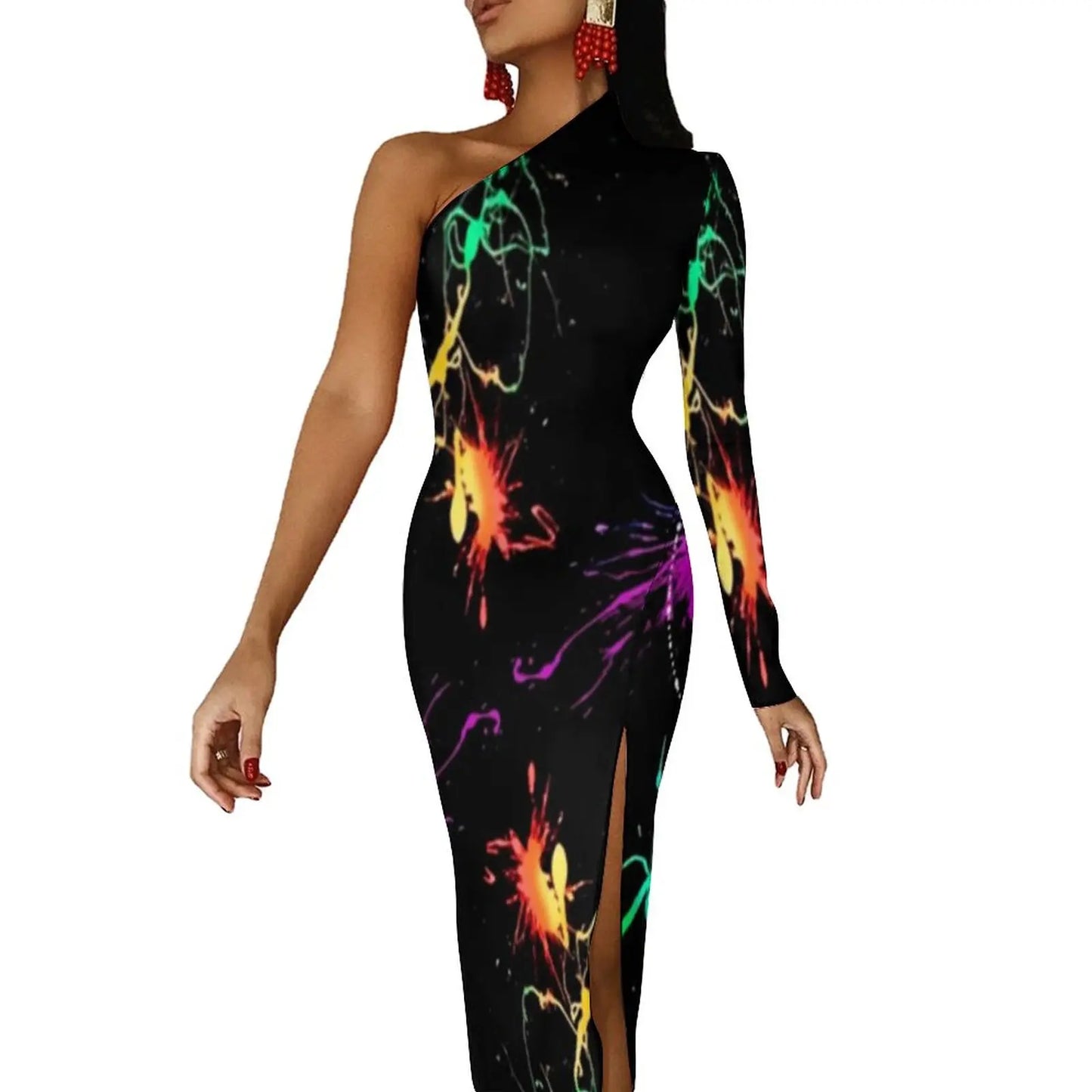 Neon Paint Long Dress Women Graffiti Splatter Print Party Maxi Dress Summer Long Sleeve Sexy Bodycon Dresses Side Split Clothes