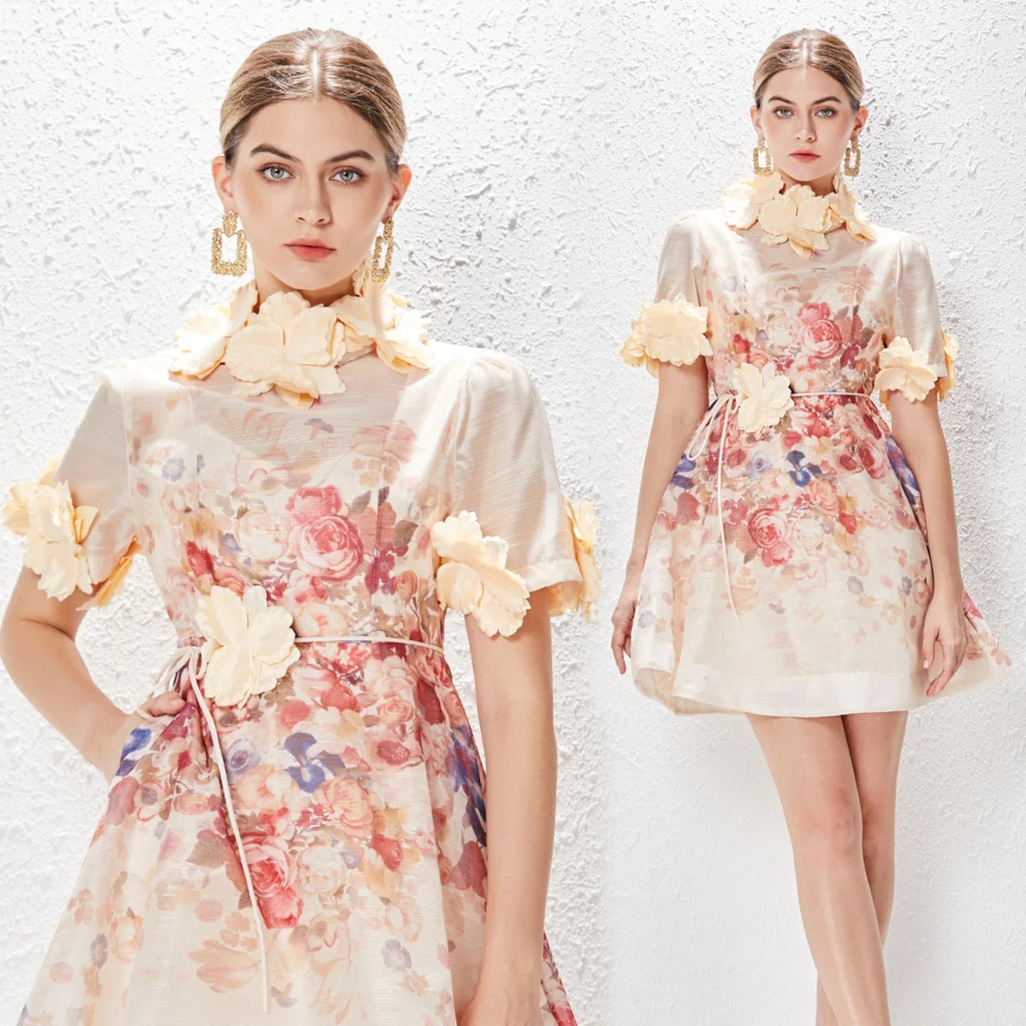 qgtao 2024 NEW Women Floral Mini Dress Spring Summer Printed Standing Collar Short Sleeve Vestido Ladies Holiday Party Vintage Dresses