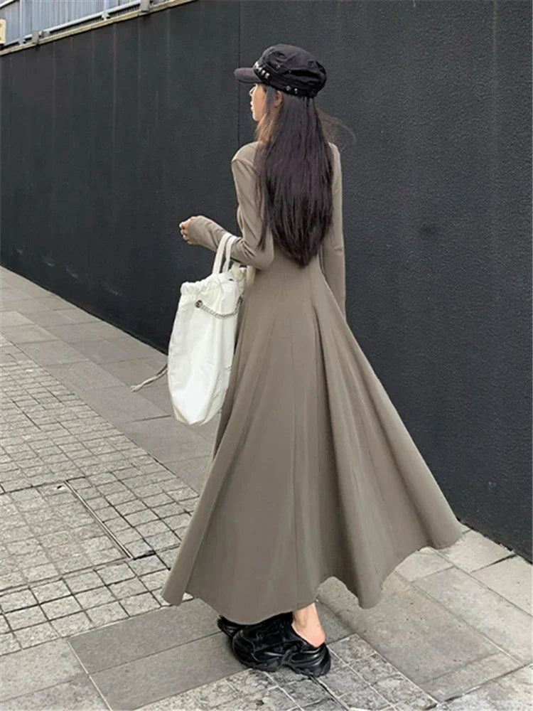qgtao-Elegant Black Knitted Midi Dresses for Women Autumn and Winter Fashion Solid Sweet Cute Slim Chic Vintage Female Long Dress