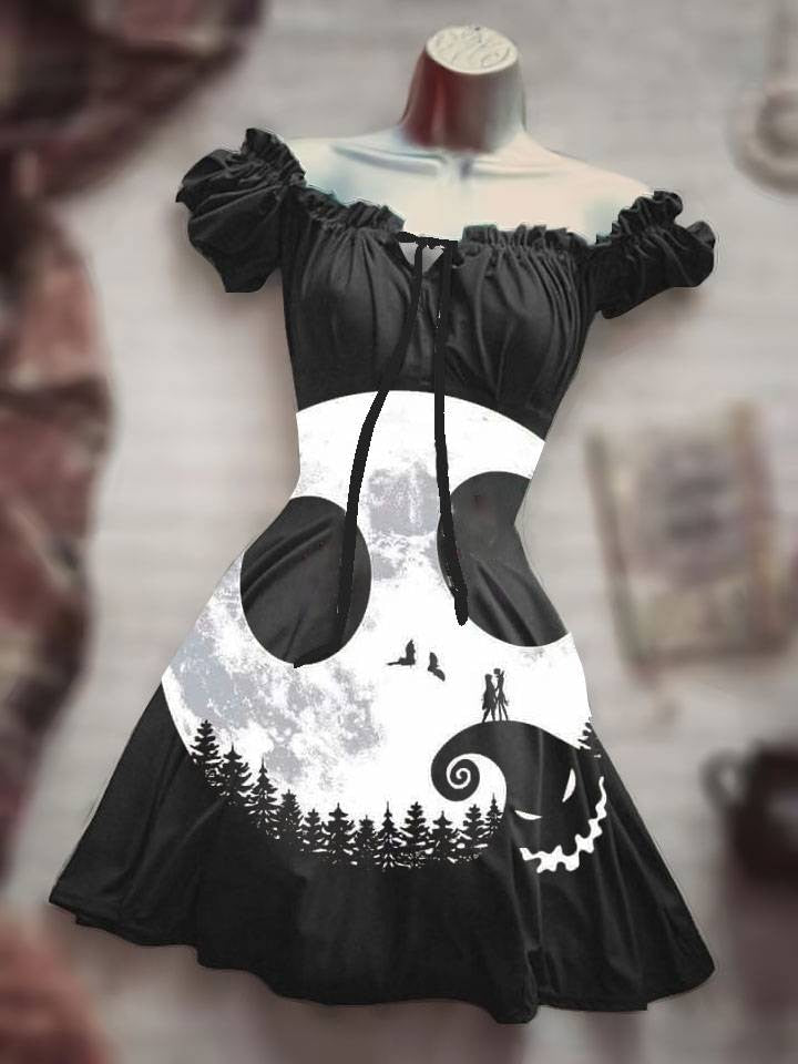 Horror Halloween Skull Costume puff sleeve Skirt Hawaiian Bohemian Short Sleeve Drawstring leisure Dress Skull Night Costume