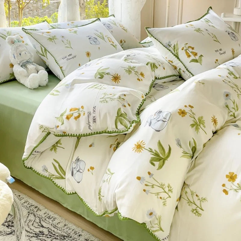 Yeknu Pastoral Girls Flower Bedding Sets, Washed Cotton Bed Linens, Soft Quilt Cover Sheet Set, Simple Bedspread, Home Textiles