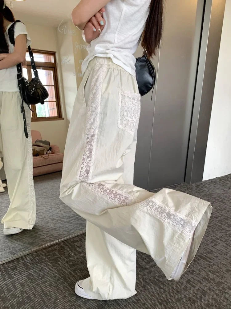 qgtao - Beige Striped Wide Leg Pants for Women Lace Patchwork Straight Trouser Elastic Waist Summer Fashion Casual Bottoms Mujer