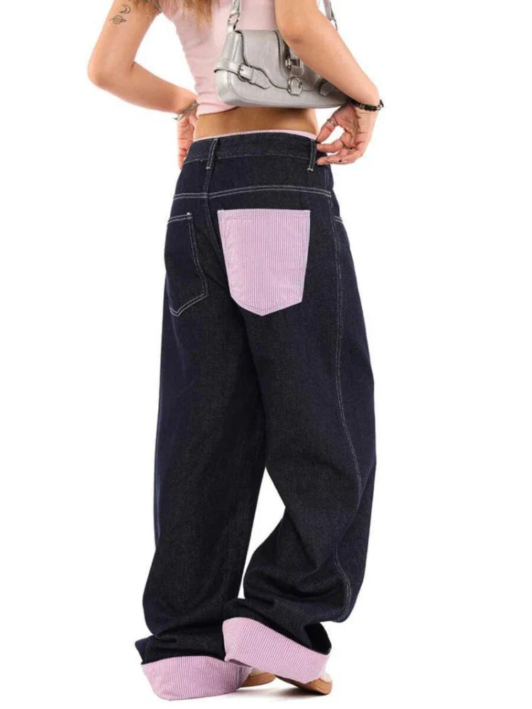 qgtao - Y2k Pink Stripe Patchwork Denim Pants Women Streetwear Vintage Baggy Korean Embroidery Jeans Trousers Harajuku Bottoms