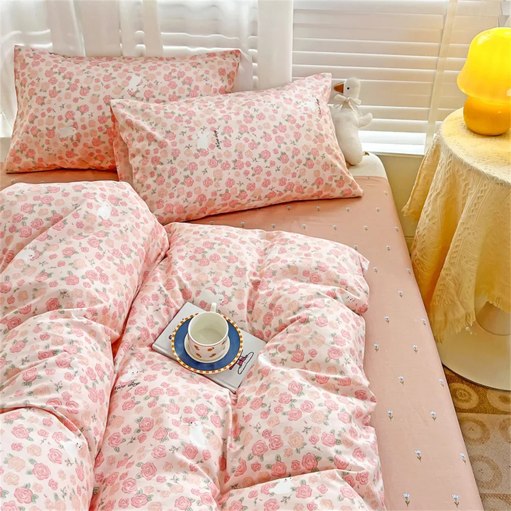 Yeknu Pink Floral Bedding Set Soft Ins Duvet Cover Flat Sheet Pillowcase Girls Flower Polyester Home Bed Linen Single Double Ful Size