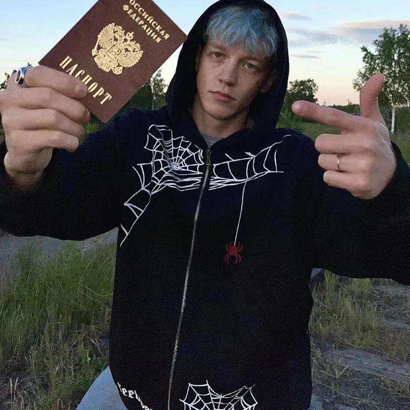 qgtao Y2K Spiders Printed Zip Up Oversized Sweatshirt Autumn Goth Hoodie Men And Women Grunge Hoodies Jacket Zipper Streetwear Clothes