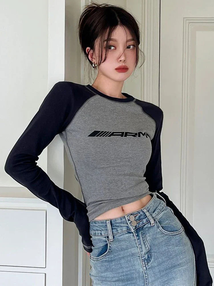 qgtao Y2k Slim T-shirts Women Patchwork Long Sleeve Top Female Fashion Letter T Shirt Ladies American Retro Casual Top Streetwear