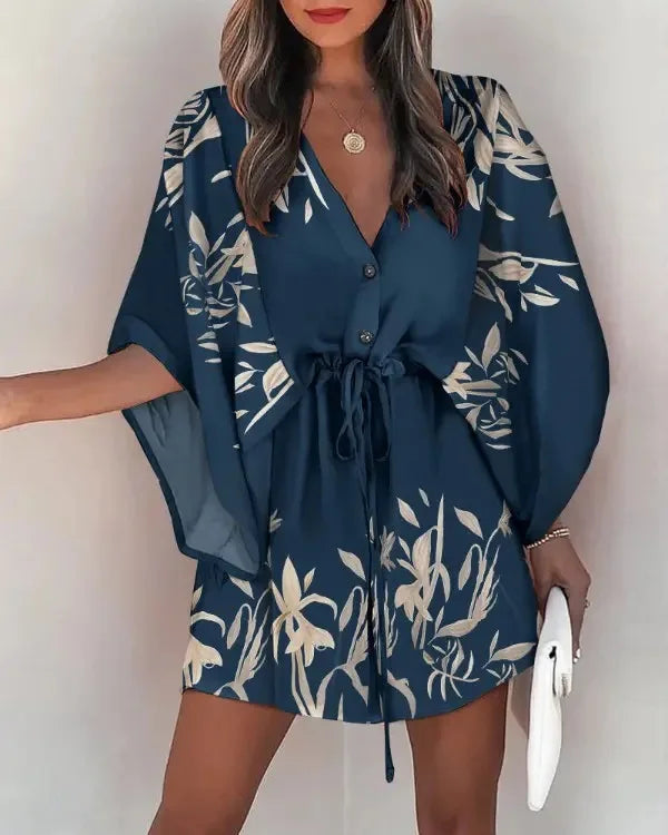 qgtao Women's Summer Flying Sleeves Sexy V-neck Lace Up Print Beach Dress 2023 Women's Spring Quarter Sleeve Loose Button Mini Dress