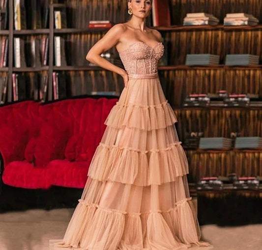 qgtao-Clothing Tiered Prom Dress Strapless Long A Line Party Dress Sweetheart Bead Pearls Bodice Tulle Cake Evening Dress Plus Size