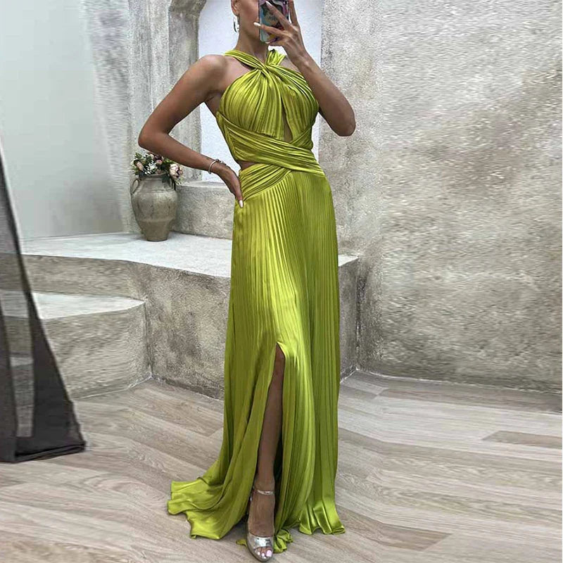 qgtao Fashion Banquet Halter Hollow Out Party Dress Women Temperament High Waist Slim Maxi Dress Elegant Sexy Pleated Slit Long Dress