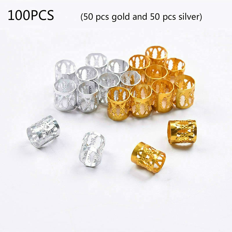 100pcs Adjustable Hair Braids Dreadlock Beads Gold and Silver Beads Hair Braid Rings Cuff Clips Tubes Jewelry