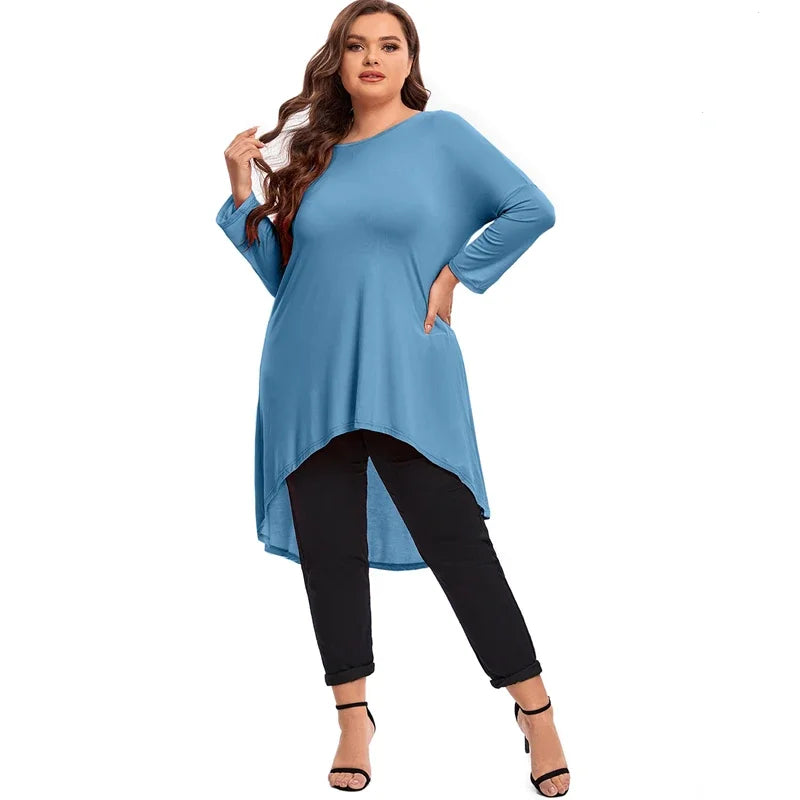 qgtao Plus Size Elegant Long Sleeve Spring Autumn Tunics Women Long Loose Fit Flare Basic Swing Blouse Tops Large Size Casual T Shirt