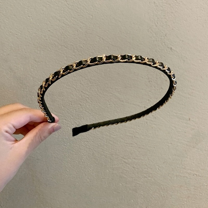 2021 New Korean Solid PU chain Bezel Headwear for Women Headband Girls Hair Bands Vintage Hairband Hoop for Hair Accessories