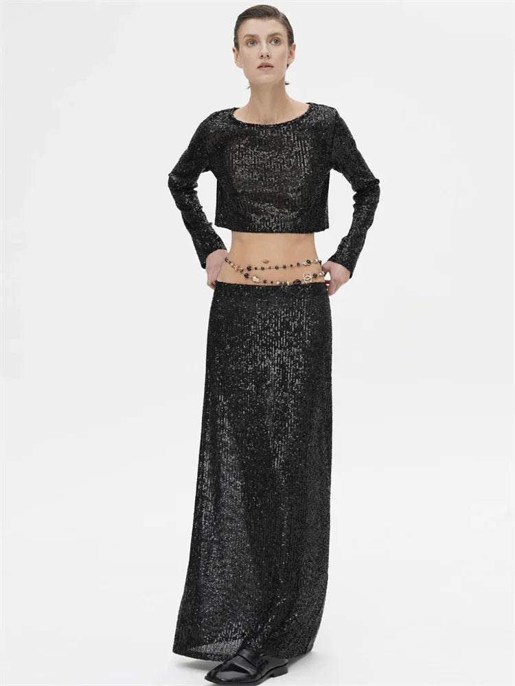 qgtao Sequin Female Sexy Maxi Skirt Summer Fashion Glitter High Waist Loose Elegant Club Long Skirt Sparkle Women Long Skirt New
