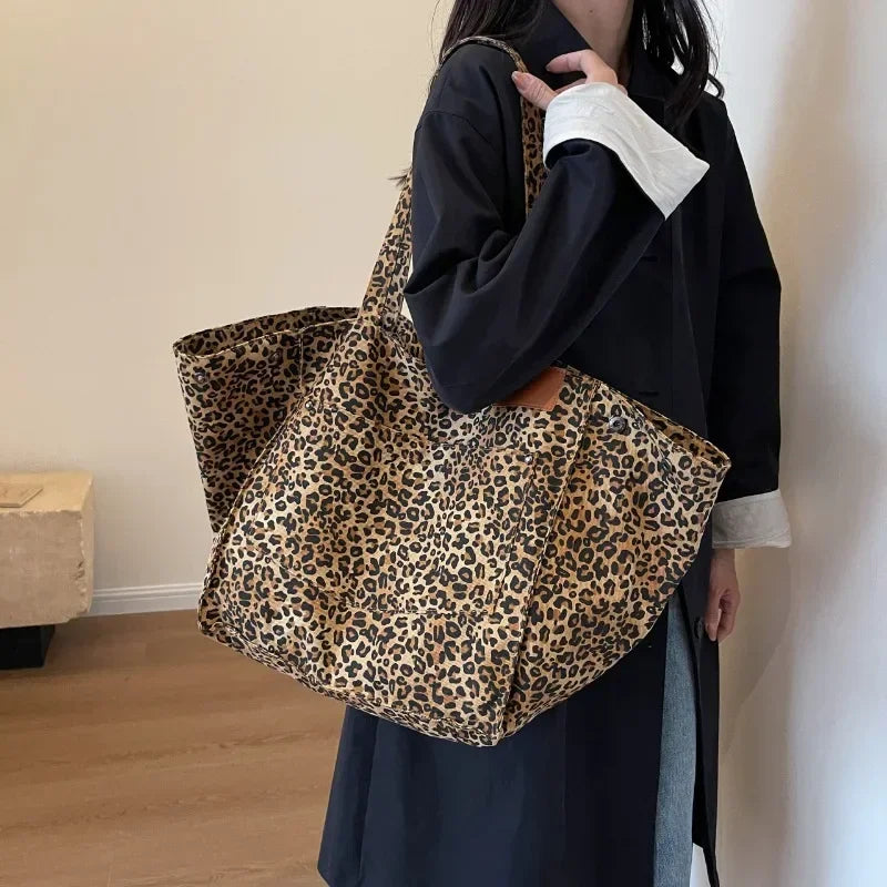 qgtao Oversized Leopard Prints Shoulder Bags for Women Deformable Canvas Large Capacity Shopping Totes 2024 Winter New Luxury Handbags