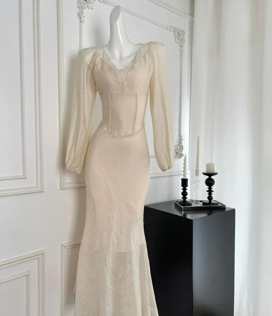 qgtao Autumn Bodycon Midi Dresses for Women Lantern Sleeve Lace V-neck Slim Waist Mermaid Wedding Evening Party Dress Female Vestidos