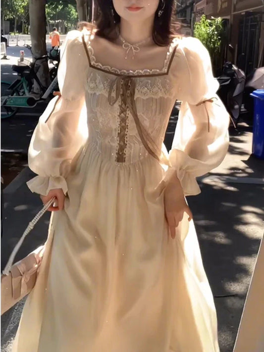 qgtao Autumn Fairy Midi Dresses for Women Lace-up Korean Fashion Slim Wasit A Line Princess Party Dress Vintage Court style Vestidos
