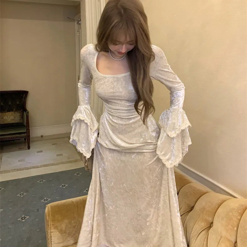 qgtao Y2K Velvet Long Dresses for Women Flare Sleeve Square Collar Slim Waist A-line Autumn Winter Evening Party Prom Robe Vestidos