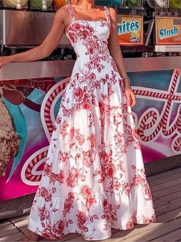 qgtao Long Dresses For Women Flower Printed Spaghetti Strap High Waist Large Skirt Hem Ladies Maxi Dress 2023 Summer Boho Beach Party