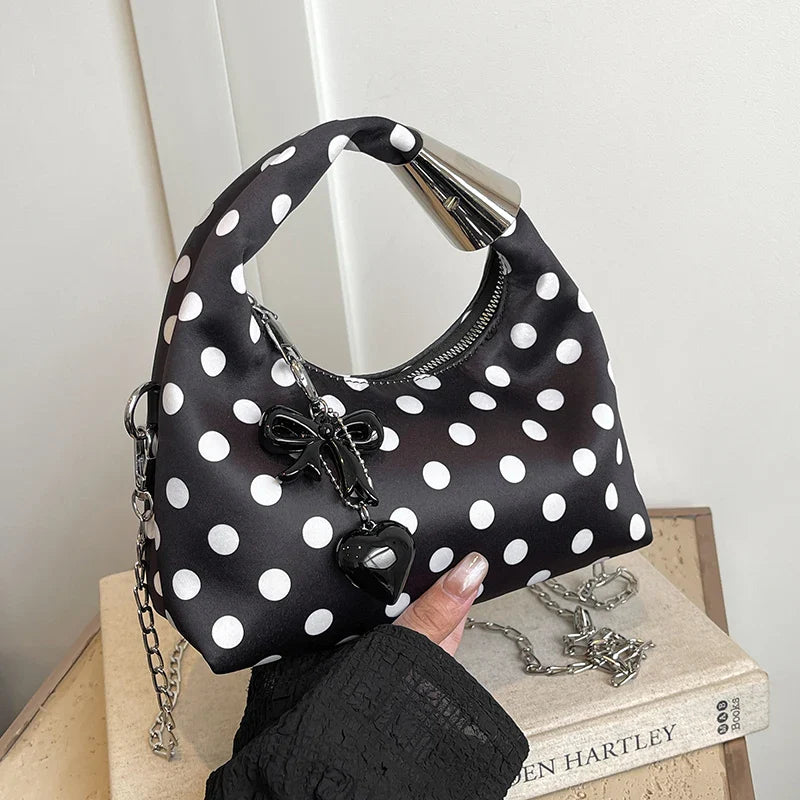 qgtao Women Fashion Round Dot Chain Crossbody Bag Autumn Winter New Bow Decor Handbag Female Nylon Zipper Style Design Shoulder Bag