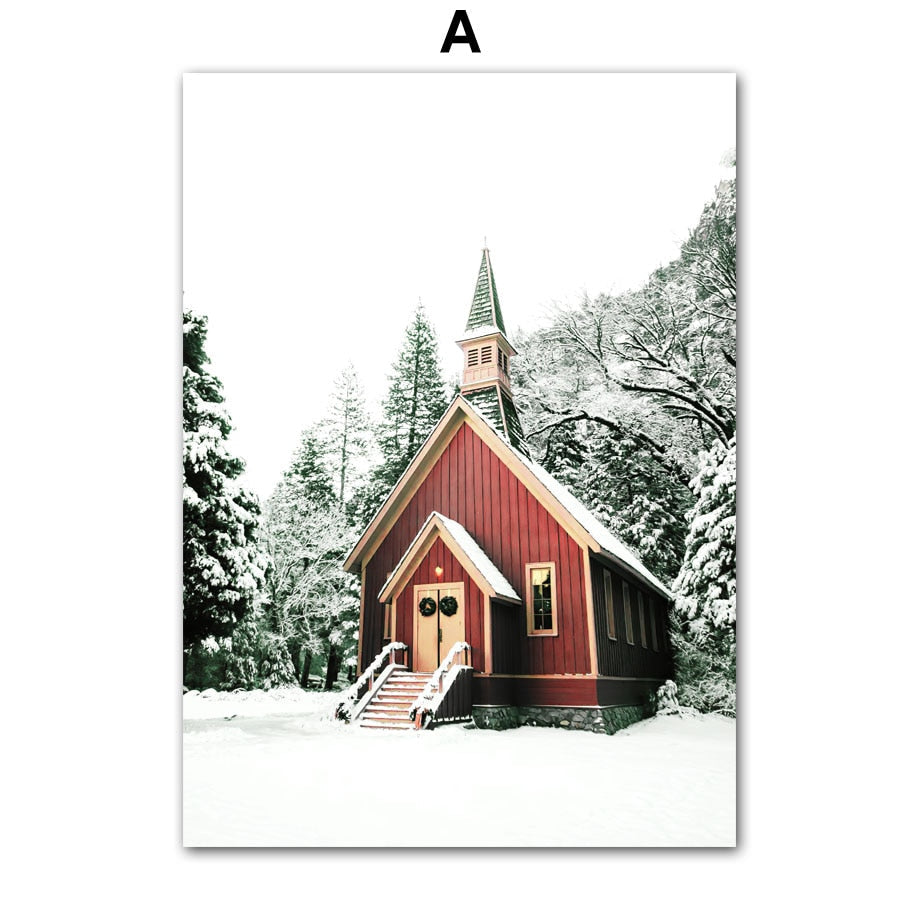 Christmas Gift Winter Red House Vintage Car Wall Art Canvas Painting Living Room Decoration Posters And Prints Wall Pictures