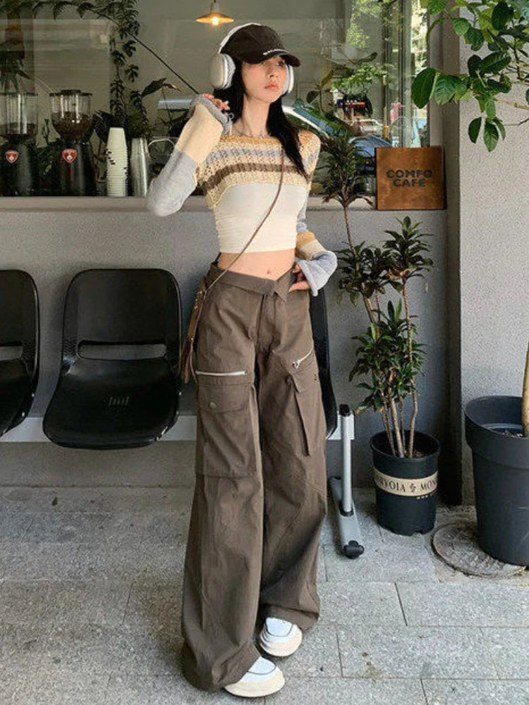 qgtao Y2K Vintage Striped Knitted Cropped Sweater Women Harajuku Hollow Out Patchwork Pullover Korean Fashion Casual Jumper