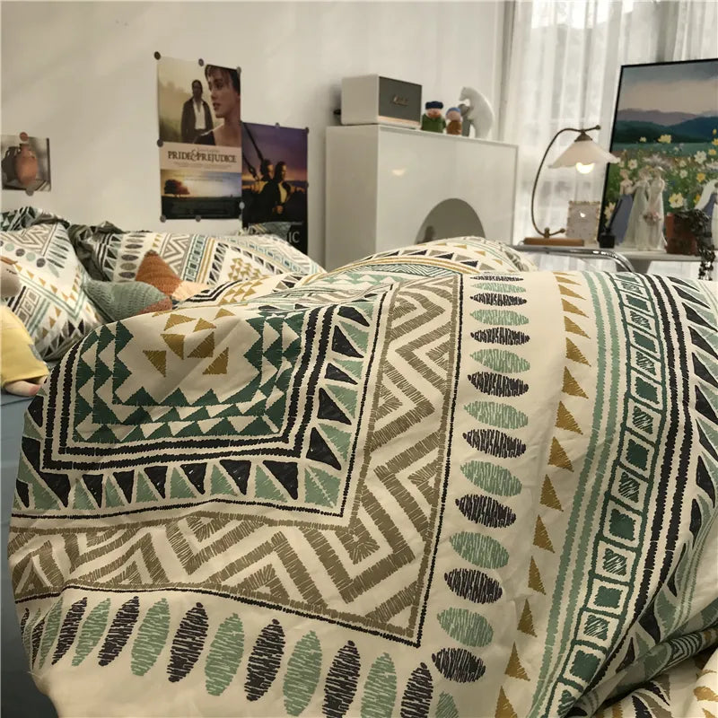Yeknu - Simple Nordic Bed Four-Piece Set All Cotton Pure Cotton Quilt Cover Bohemian Style 1.5 M1.8 M Apartment Fitted Sheet