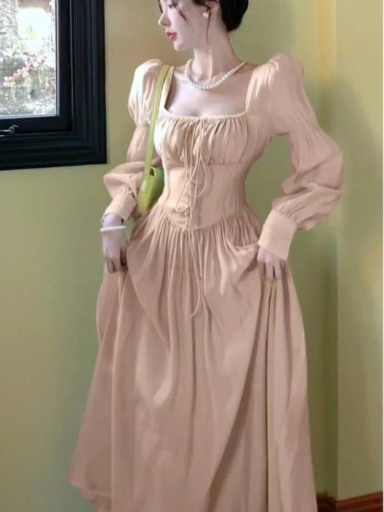 qgtao Autumn New Princess Midi Dresses for Women Square Collar Slim Waist Puff Sleeve Vintage Chic Female Clothing One Piece Vestido