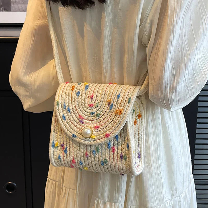 qgtao Summer New Straw Small Square Bag Fashion Pearl All-match Colorful Dot Crossbody Bag Women's Popular Braided Handmade Beach Bag