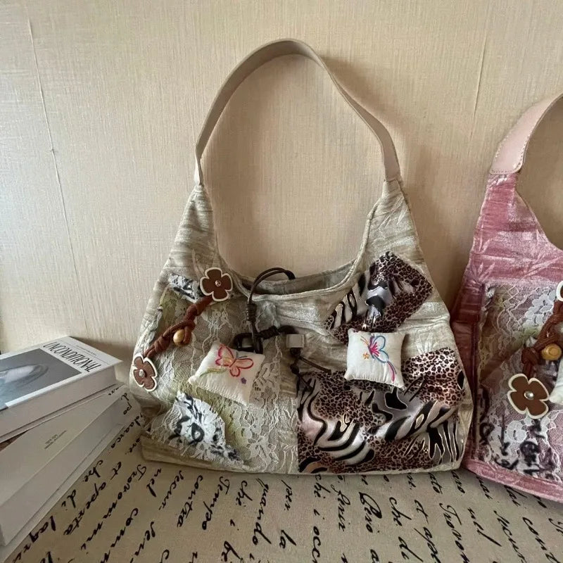 qgtao Y2k Vintage Tote Bag Aesthetic Patchwork Fashion Chinese Style Leopard Print Shoulder Bag Original Designer Ladies Handbag