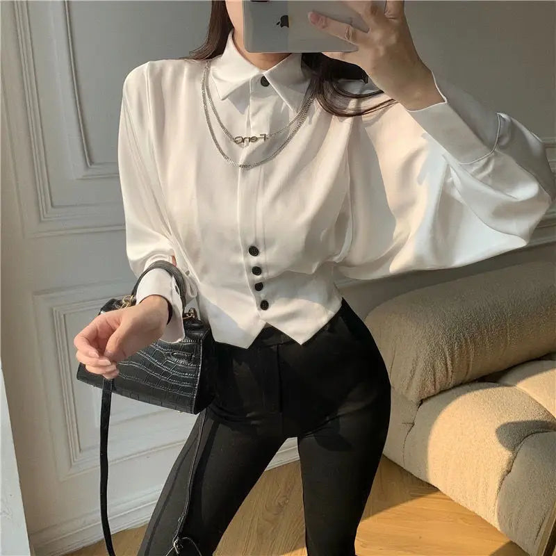 Vintage Elegant Button Solid Chiffon Shirt Spring Autumn 2022 New Polo-Neck Long Batwing Puff Sleeve Slim Blouse Women's Clothes