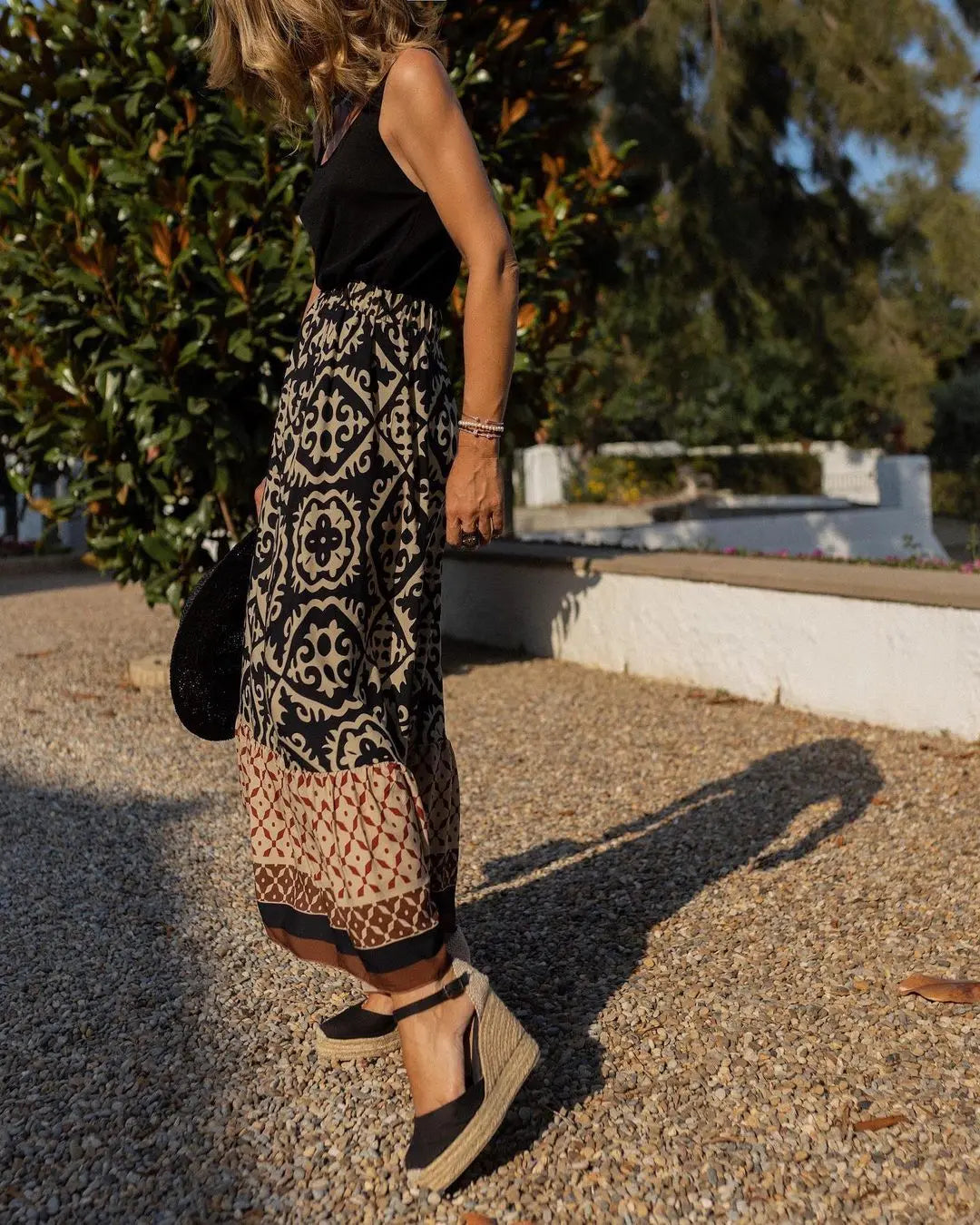 Summer Women's Half Skirt Vintage Pattern Print High Waist Loose Skirt Casual Ladies All-match A-Line Beach Long Skirts 2024