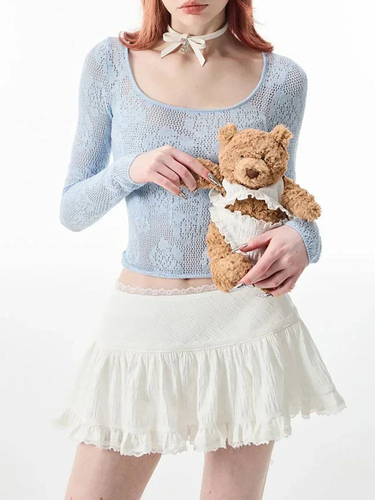 qgtao Coquette Mini Skirt Women 2023 Kawaii Lace Mesh Patchwork Sexy White High Waist A-line Lolita Ruffle Skirt Fairycore