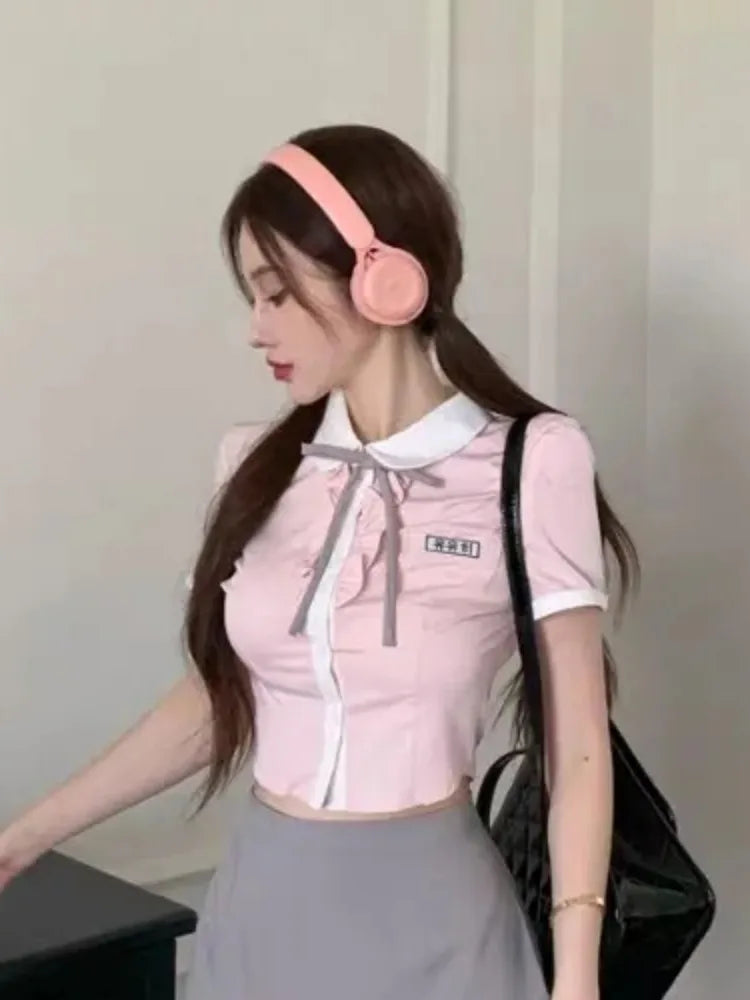 qgtao - Kawaii Pink Blouse Women Preppy Style Short Sleeve Lace Up Lapel Collar Shirt Summer Fashion Slim Fit Aesthetics Clothes