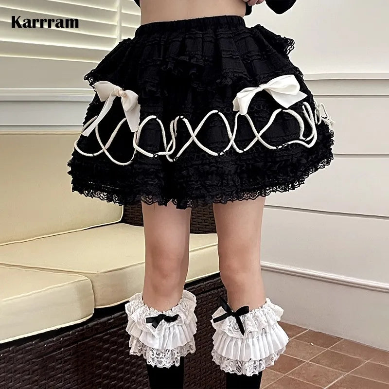 Karrram Japanese Y2k Black Short Skirt Vintage Gothic Lace Mini Skirt Lolita Harajuku Ball Gown Skirt 2000s Aesthetic Cake Skirt