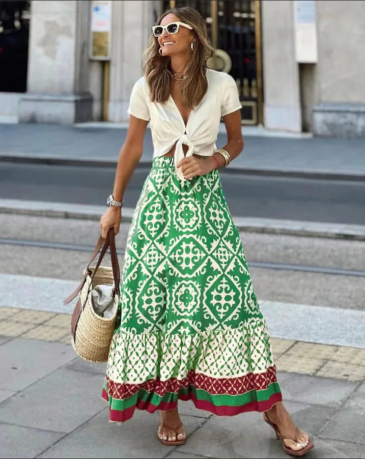Summer Women's Half Skirt Vintage Pattern Print High Waist Loose Skirt Casual Ladies All-match A-Line Beach Long Skirts 2024