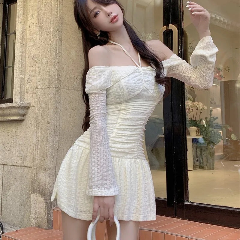 qgtao Autumn Elegant Y2K Short Dresses for Women Slash Neck Flare Sleeve Lace-up Halter A-line Slim Waist Korean Fashion Mini Vestidos