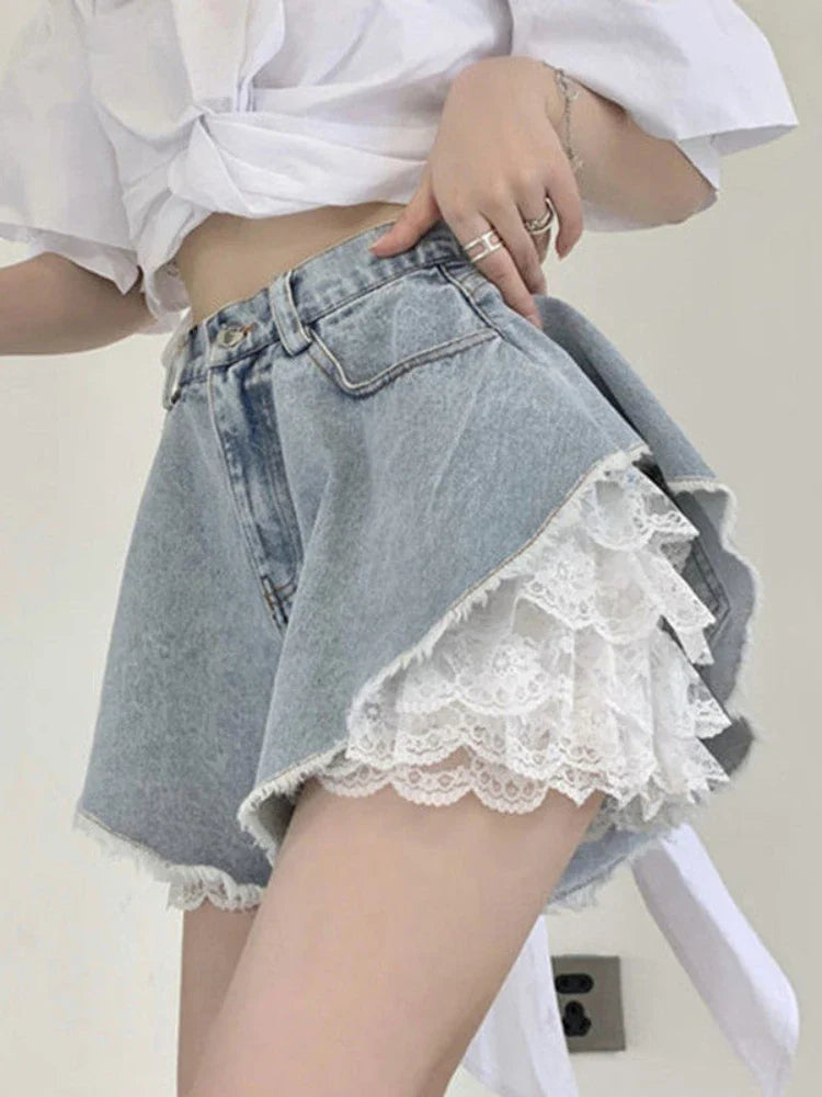 qgtao - Blue Lace Denim Shorts Women Y2k Fashion Loose High Waist Korean Style Causal A-line Jeans Streetwear Retro Summer Pants
